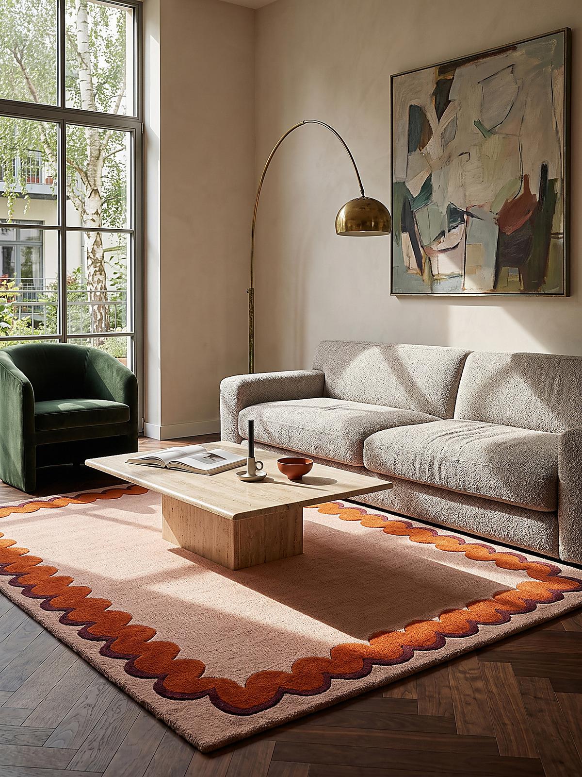 WOLLTEPPICH handgetuftet WAVENEY, Zickzack-Wellenbordüre, Orange, 140 x 200 cm - Orange, Textil (140/200cm) - KADIMA DESIGN