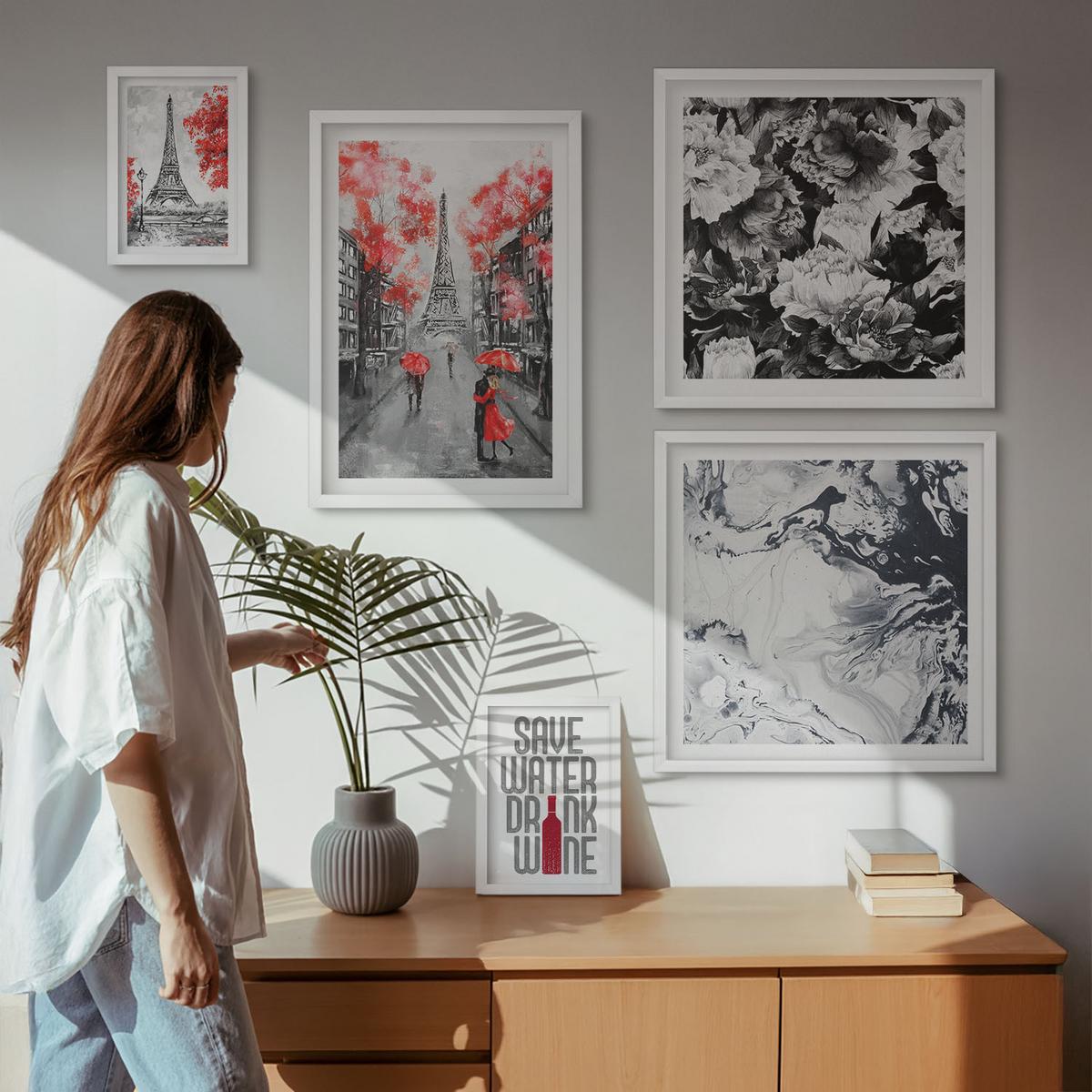 BILDER SET 5er Set - 50x50 cm & 20x30 cm & 40x60 cm Weißer Rahmen - graue Gemälde des Eiffelturms - Weiß, Kunststoff (40/60cm) - TULUP