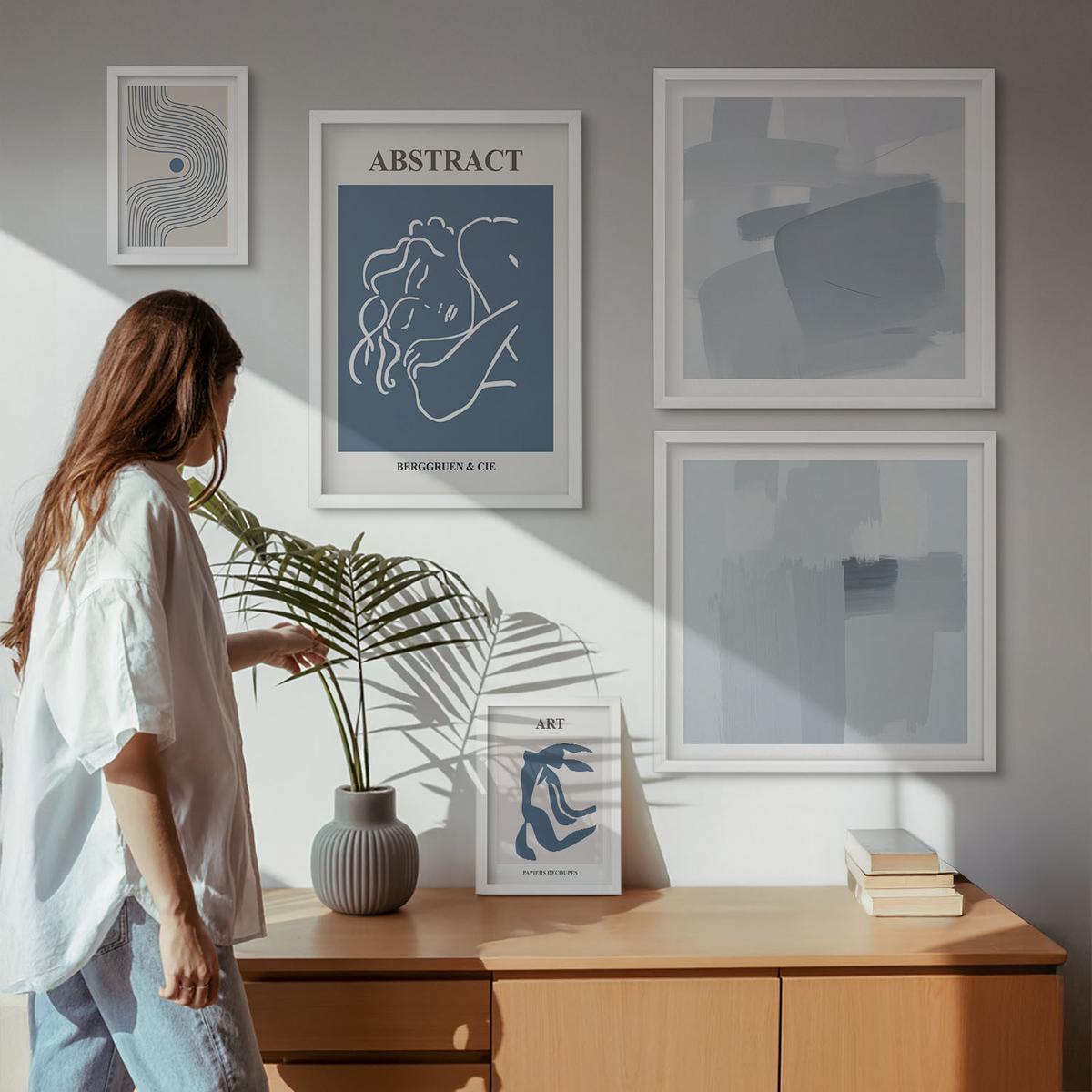 BILDER SET 5er Set - 50x50 cm & 20x30 cm & 40x60 cm Weißer Rahmen - Poster mit abstrakten Linien und Wellen - Weiß, Kunststoff (40/60cm) - TULUP