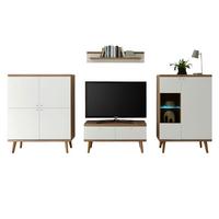 WOHNWAND weiß Eiche Riviera, Schrankwand skandinavisch 4-teilig 324 x 160 cm - Eichefarben/Weiß, Holzwerkstoff/Metall (324/160/40cm)