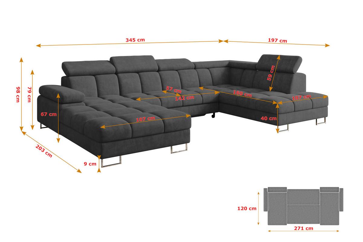 WOHNLANDSCHAFT mit Schlaffunktion und Bettkasten Ottomane RECHTS COMA U 345x203x79 Dunkelgrau Velours - Dunkelgrau, Holzwerkstoff/Textil (203/79/345cm) - ALTDECOR