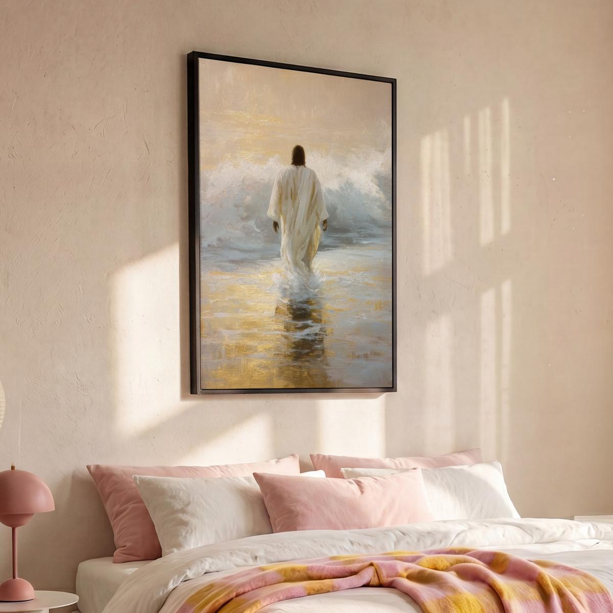 LEINWAND Bilder mit Rahmen - Gemälde - Welle - Jesus - Abstrakt - 80x120 - Goldfarben, Textil (80/120cm) - MuchoWow