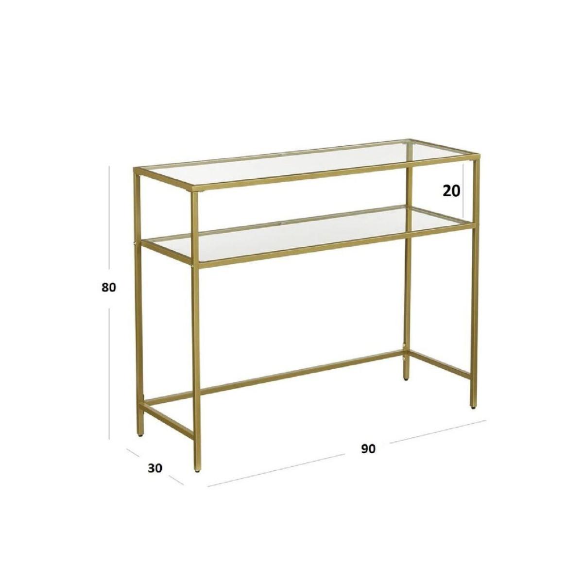 METALLKONSOLE mit 2 Regalen aus gehärtetem Glas 30/90/80 cm - Goldfarben, Metall (31/30/80cm) - Calicosy