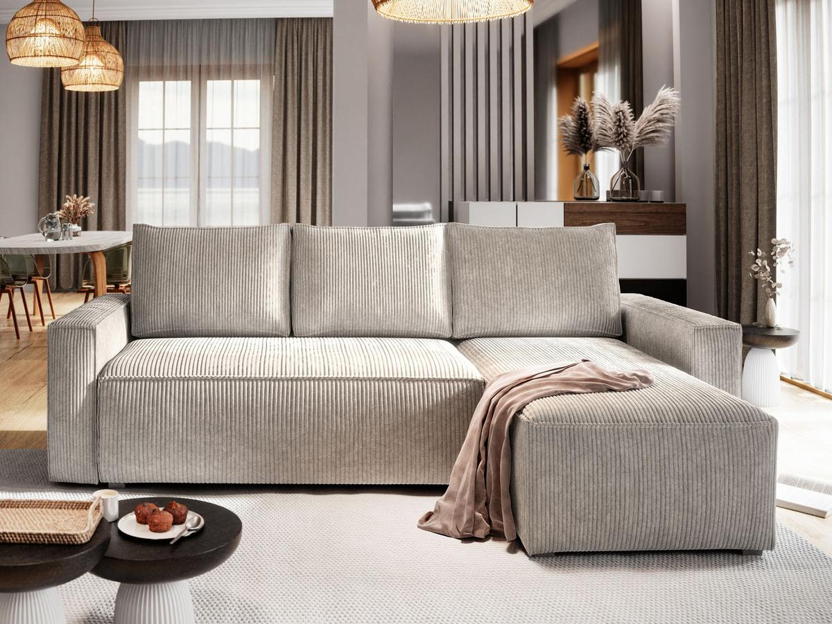 ECKSOFA POTARO Creme Kordstoff mit Schlaffunktion - Creme/Grau, Holz/Kunststoff (232/140cm) - MASSENO
