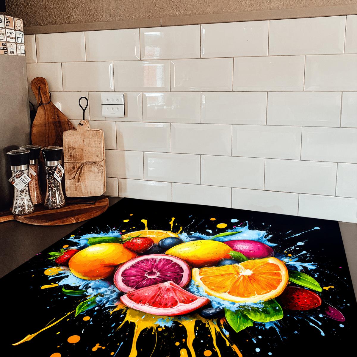 HERDABDECKPLATTE Obst - Graffiti - Bunt - Orange - Erdbeere - Abstrakt Induktionsmatte 78x78 cm - Orange, Kunststoff (78/78/0.2cm) - MuchoWow