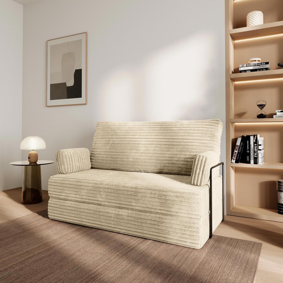 BETTSOFA LADIA aus Schaumstoff Kordstoff Creme Schlaffunktion - Creme, Textil (140/86/60cm) - MASSENO