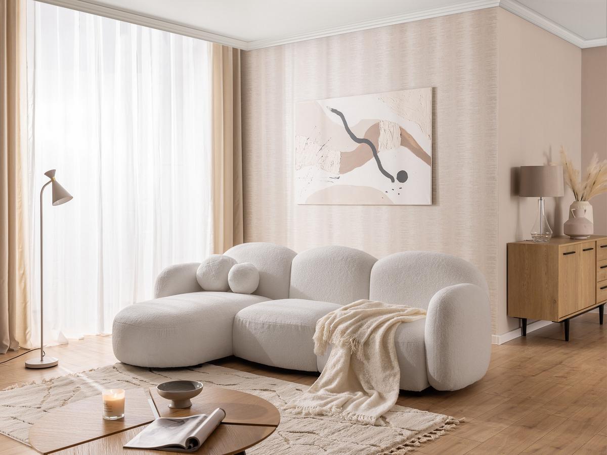 ECKSOFA Nuvola mit abgerundetem Design Weiß Bouclé-Stoff - Ottomane Links - Schwarz/Weiß, Holz/Kunststoff (268/146cm) - S-Style