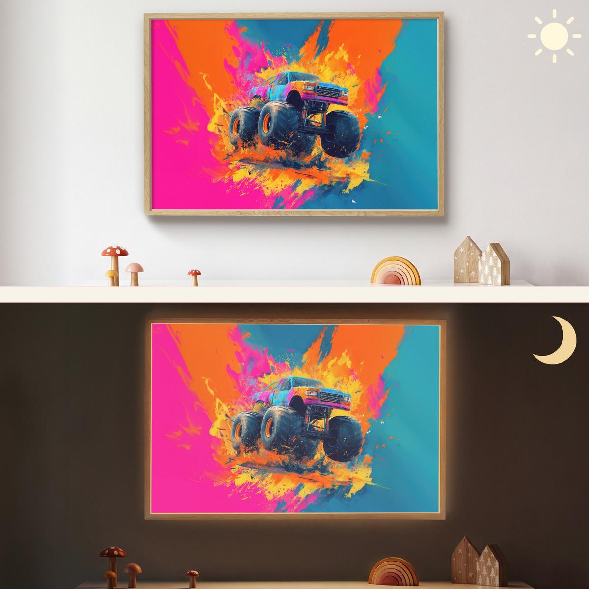 WANDLEUCHTE MIT AKKU Monstertruck - Abstrakt - Farbspritzer - Farbenfroh 90x60 cm - Pink, Holzwerkstoff (90/60/8cm) - OnlyWow