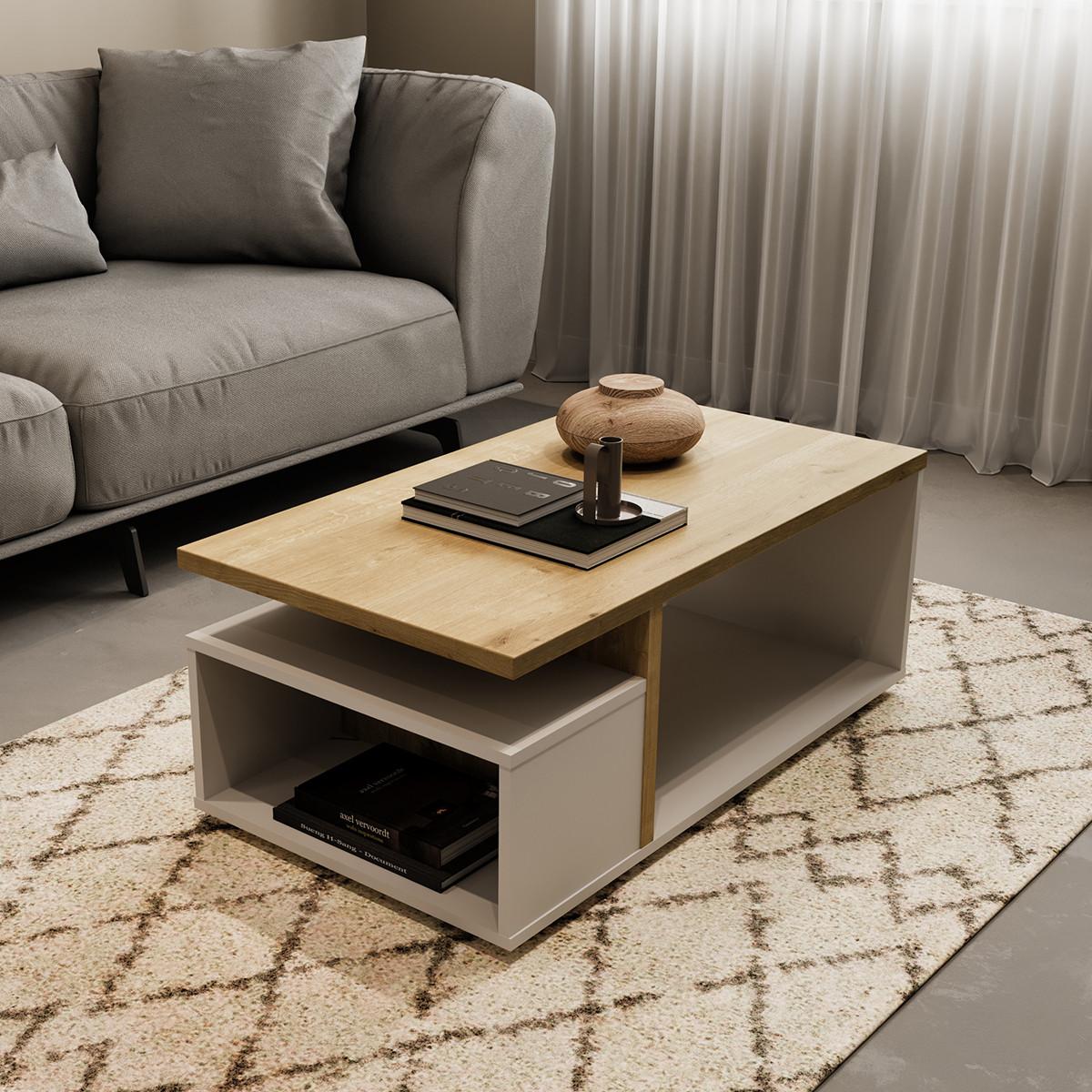 COUCHTISCH mit 3 Fächern Dekor Eiche und mattweiß access 91,8/36/50 cm - Eschefarben, Holzwerkstoff (51.7/50/36cm) - Calicosy