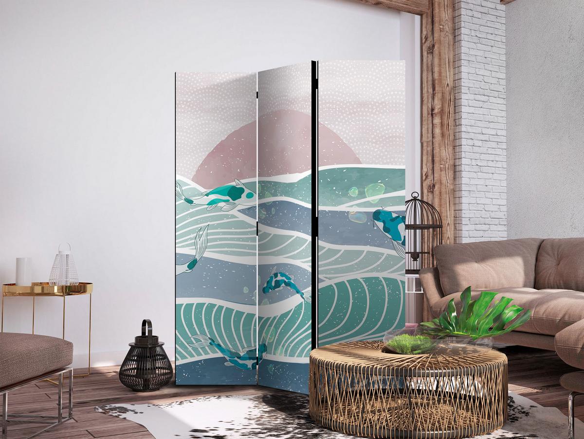 PARAVENT Akustik 3-tlg 135x172 cm Fische und Wellen Boho - Multicolor, Holz/Textil (135/172/3cm) - Muralo