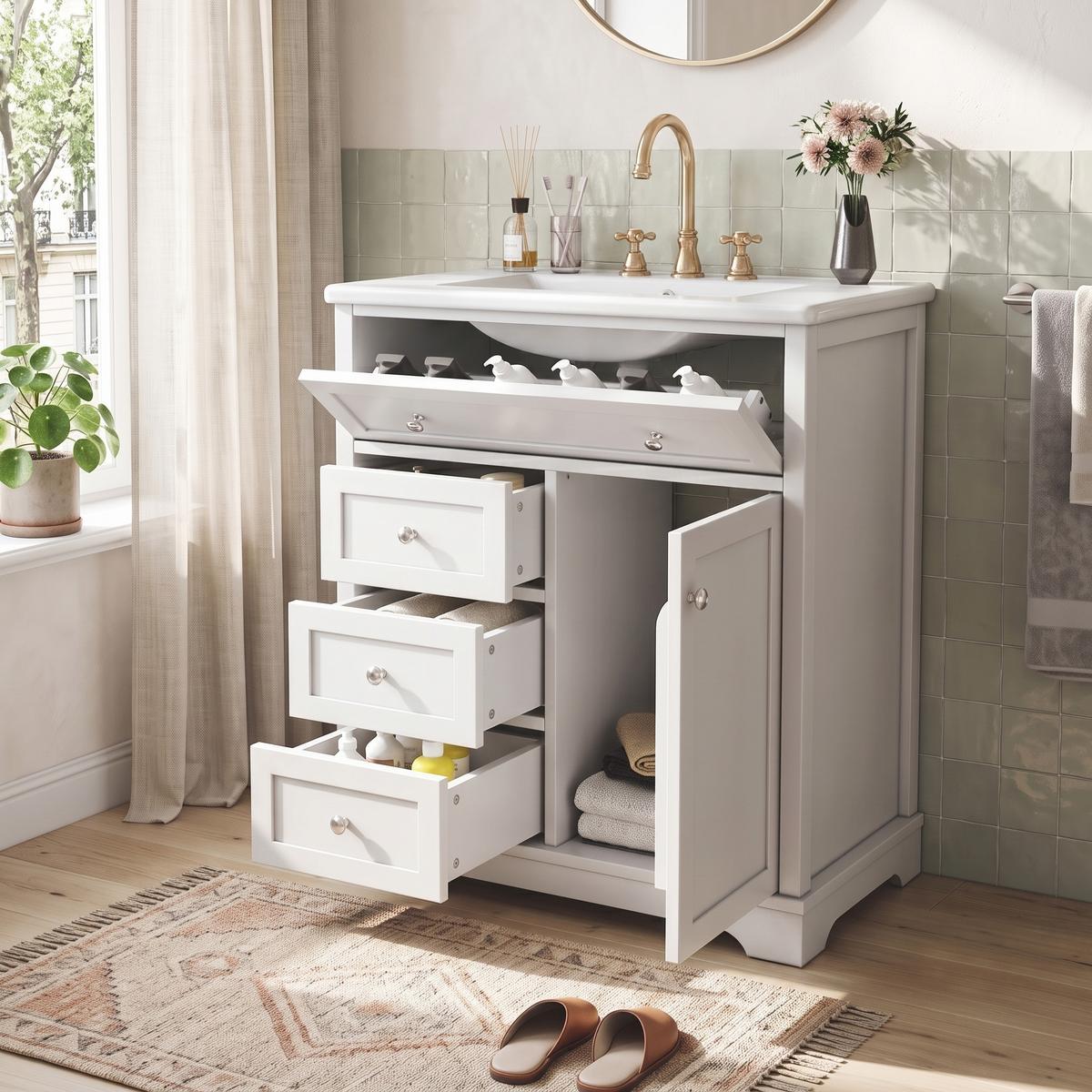 WASCHTISCH mit Unterschrank Weiß 76cm Standschrank mit Keramikbecken & 4 Schubladen - Weiß, Holzwerkstoff (76/87/46cm) - Urban Meuble