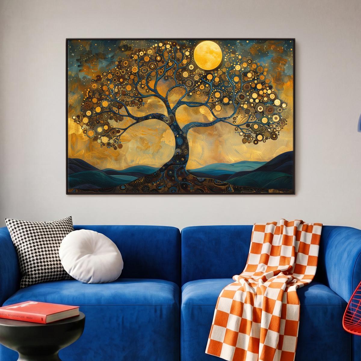 LEINWAND Bilder mit Rahmen - Baum - Mond - Blumen - Gold - Kunst - 90x60 - Orange, Textil (90/60cm) - MuchoWow