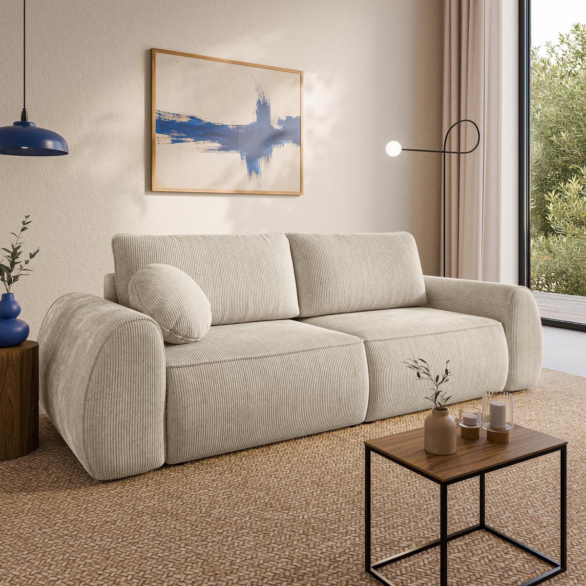 BETTSOFA ZEFEO Creme Kordstoff mit Schlaffunktion - Creme, Textil (264/96/106cm) - MASSENO
