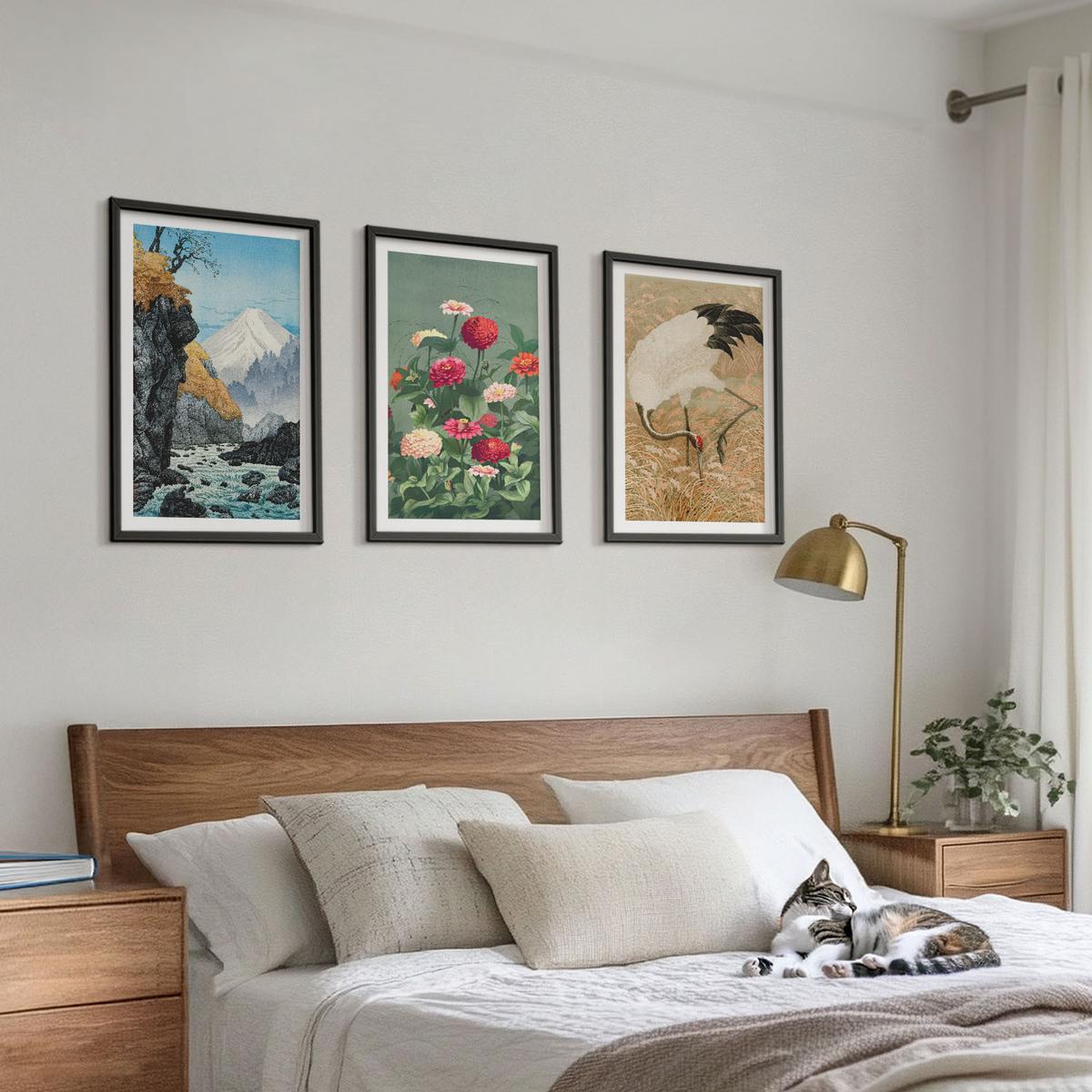 BILDER SET 3er Set - 40x60 cm Schwarzer Rahmen - Berglandschaft, Fluss, Blumen, Kraniche - Schwarz, Kunststoff (40/60cm) - TULUP