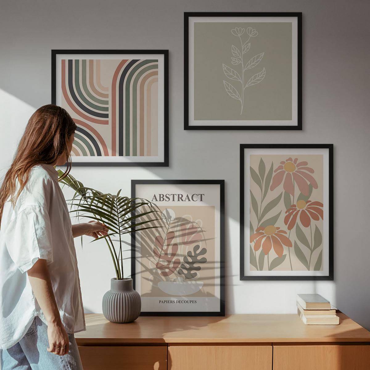 BILDER SET 4er Set - 50x50 cm & 40x60 cm Schwarzer Rahmen - Abstrakte Pastellpflanzen - Schwarz, Kunststoff (50/50cm) - TULUP