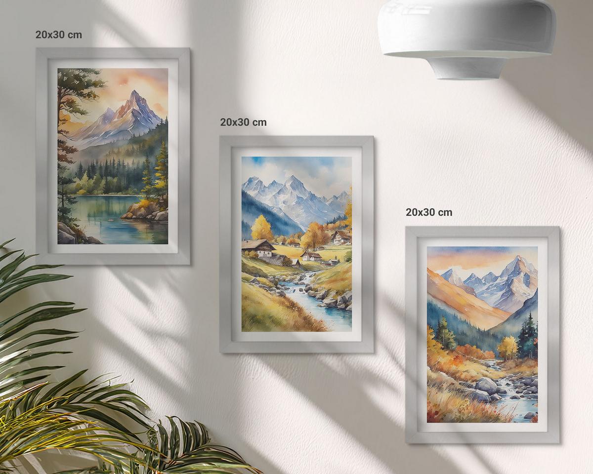 BILDER SET 3er Set - 20x30 cm Silberner Rahmen - Berglandschaft mit einem Fluss - Silberfarben, Kunststoff (20/30cm) - TULUP