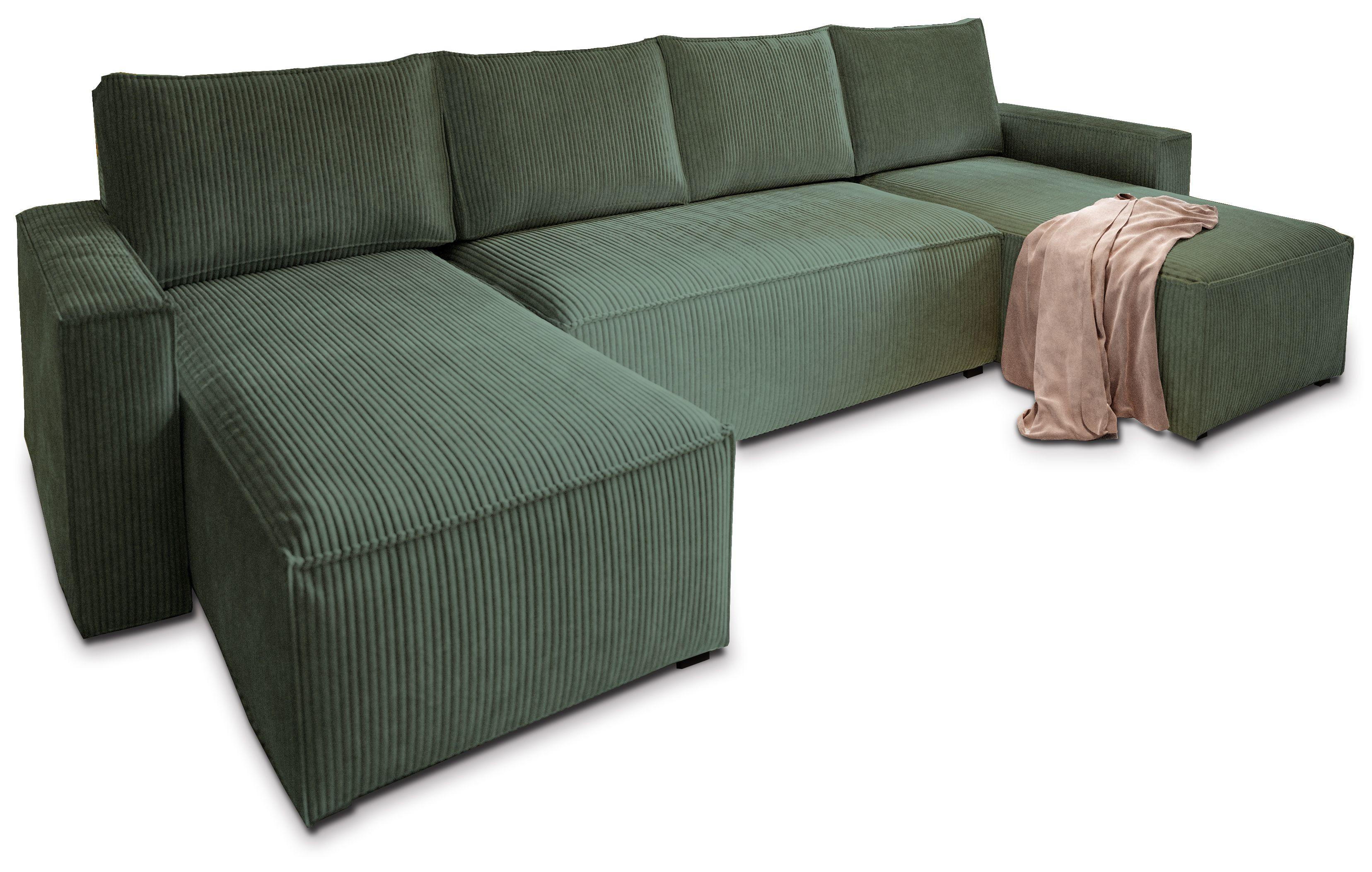 WOHNLANDSCHAFT ASPRA Grün Kordstoff mit Schlaffunktion - Grau/Grün, Holz/Kunststoff (295/85/140cm) - MASSENO