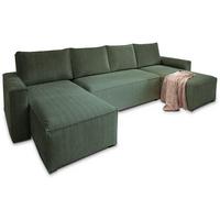 WOHNLANDSCHAFT ASPRA Grün Kordstoff mit Schlaffunktion - Grau/Grün, Holz/Kunststoff (295/85/140cm) - MASSENO