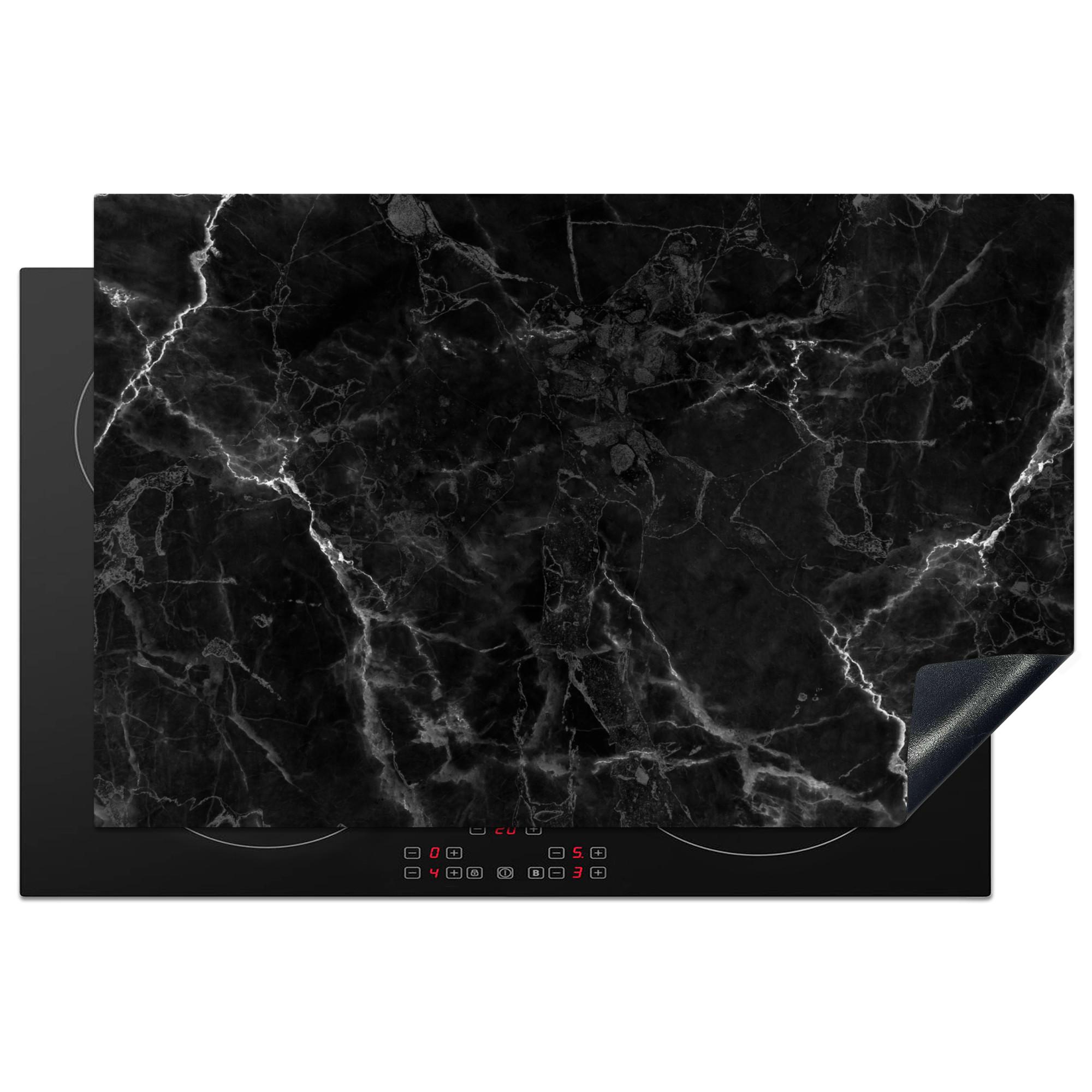 HERDABDECKPLATTE Marmor - Schwarz - Weiß - Textur - Marmoroptik Induktionsmatte 81x52 cm - Silberfarben, Kunststoff (81/52/0.2cm) - MuchoWow
