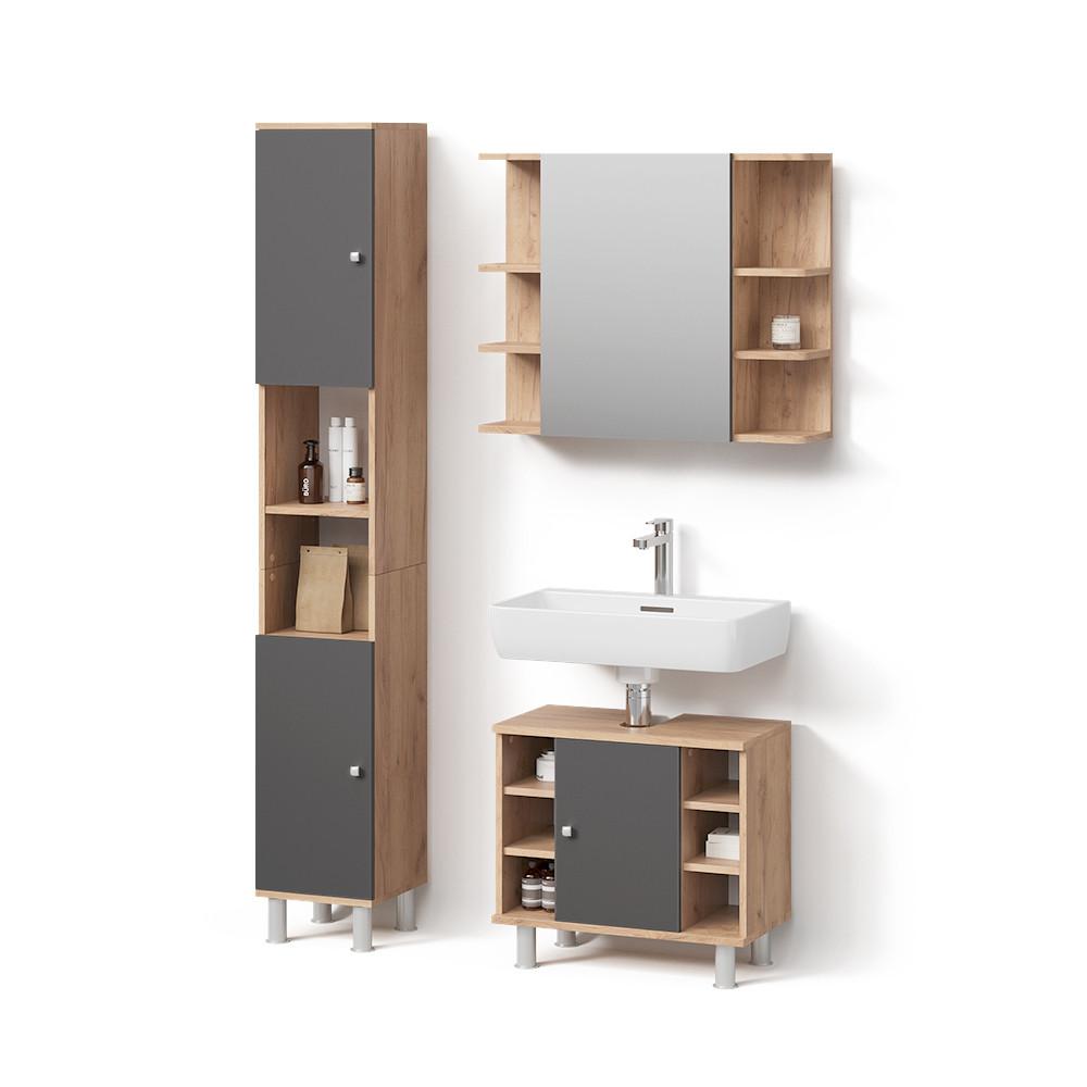 BADMÖBEL-SET Fucino Eiche 3 Teile, mit Hochschrank - Eichefarben, Holzwerkstoff (79/64/21cm) - Livinity®