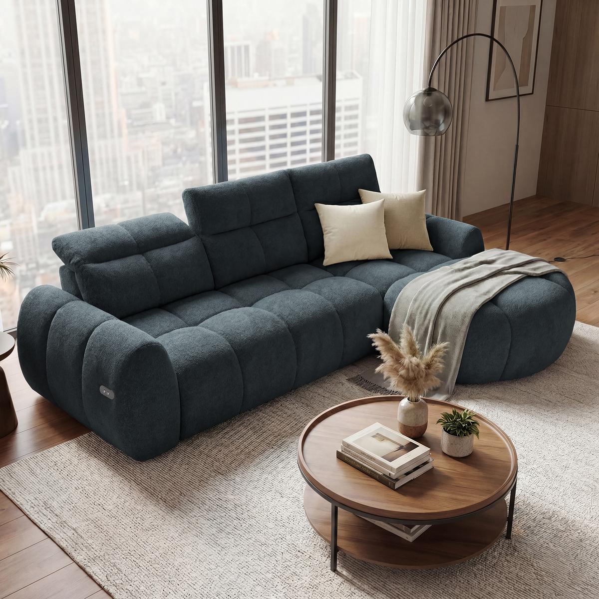 ECKSOFA Sorel Mini mit Automatisch verstellbarer Sitztiefe und Kopfstützen, rechts, Dunkielgrau - Dunkelgrau, Textil (275/190cm) - Beautysofa