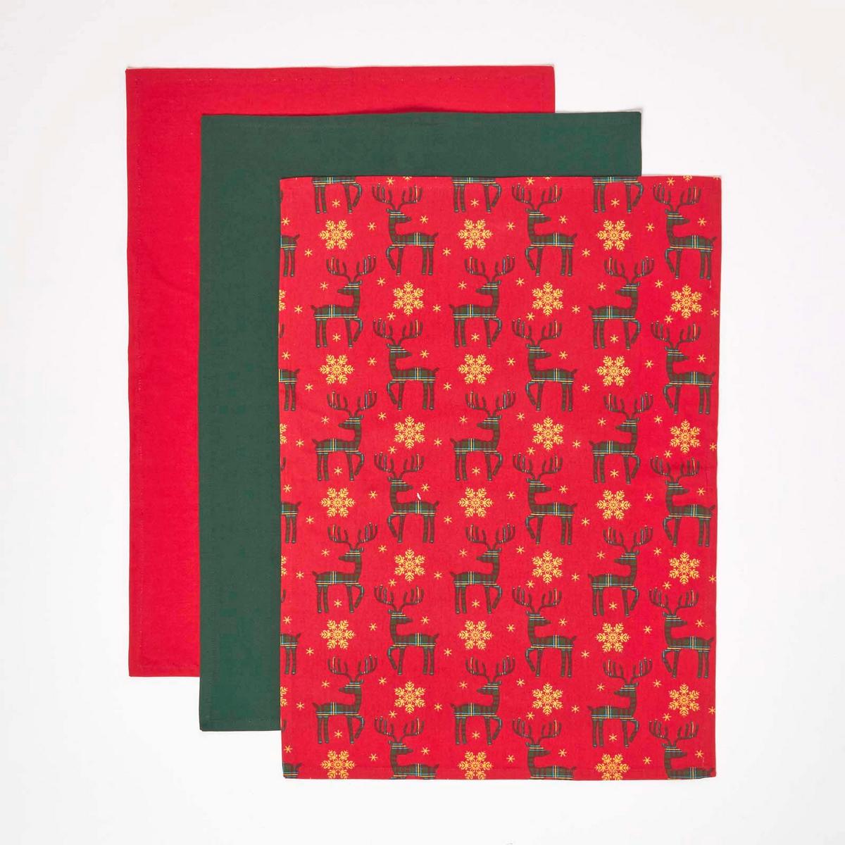 GESCHIRRTÜCHER 3er-Set, Motiv Rentier, 100% Baumwolle - Rot, Textil (50/70cm) - Homescapes