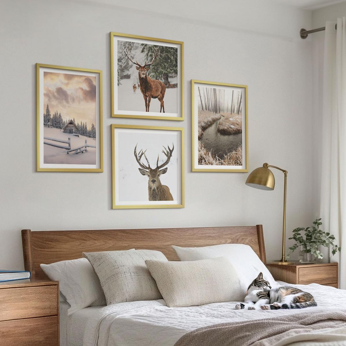BILDER SET 4er Set - 50x50 cm & 40x60 cm Goldrahmen - Winterlandschaft mit Hirschen - Goldfarben, Kunststoff (50/50cm) - TULUP