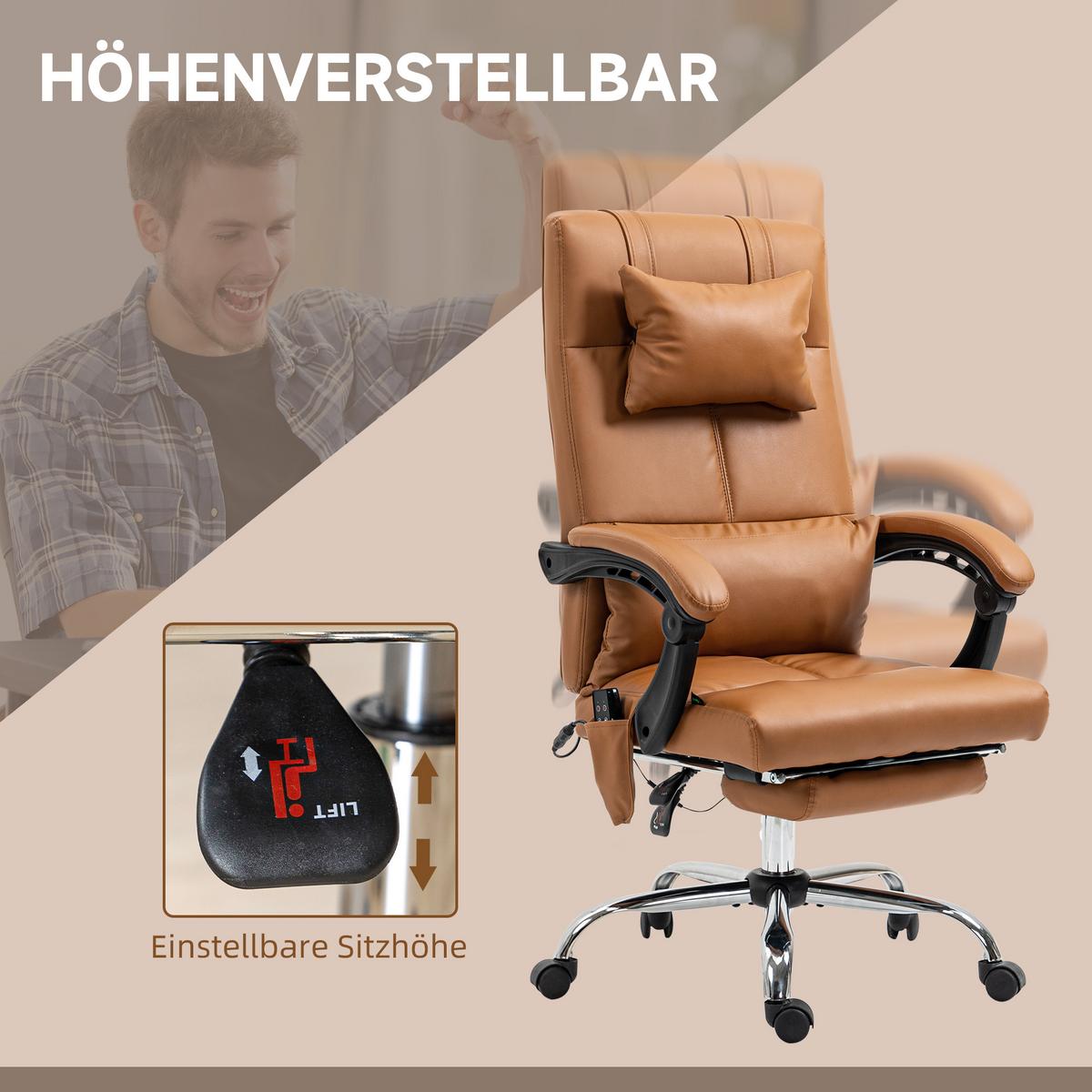BÜROSTUHL mit Massagefunktion, Ergonomisch Schreibtischstuhl mit Liegefunktion - Braun, Leder (67/122/66cm) - Vinsetto