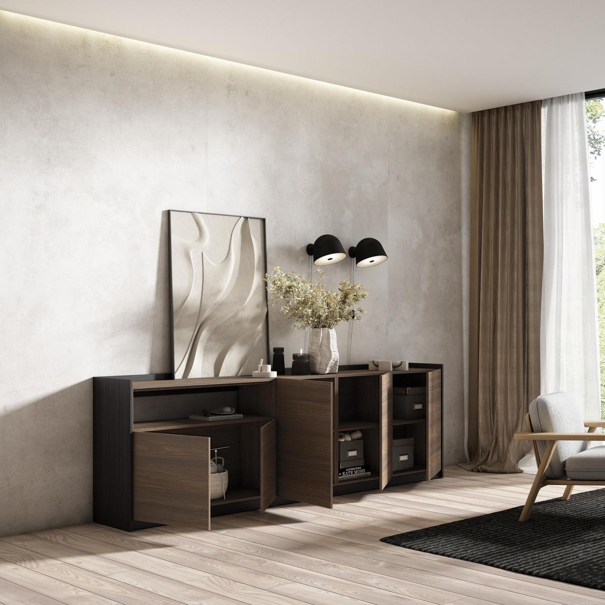 SIDEBOARD, Highboard, Dunkler Eiche und Schwarz, 260/37/80cm - Hellbraun, Holzwerkstoff (260/80/37cm) - Skraut Home