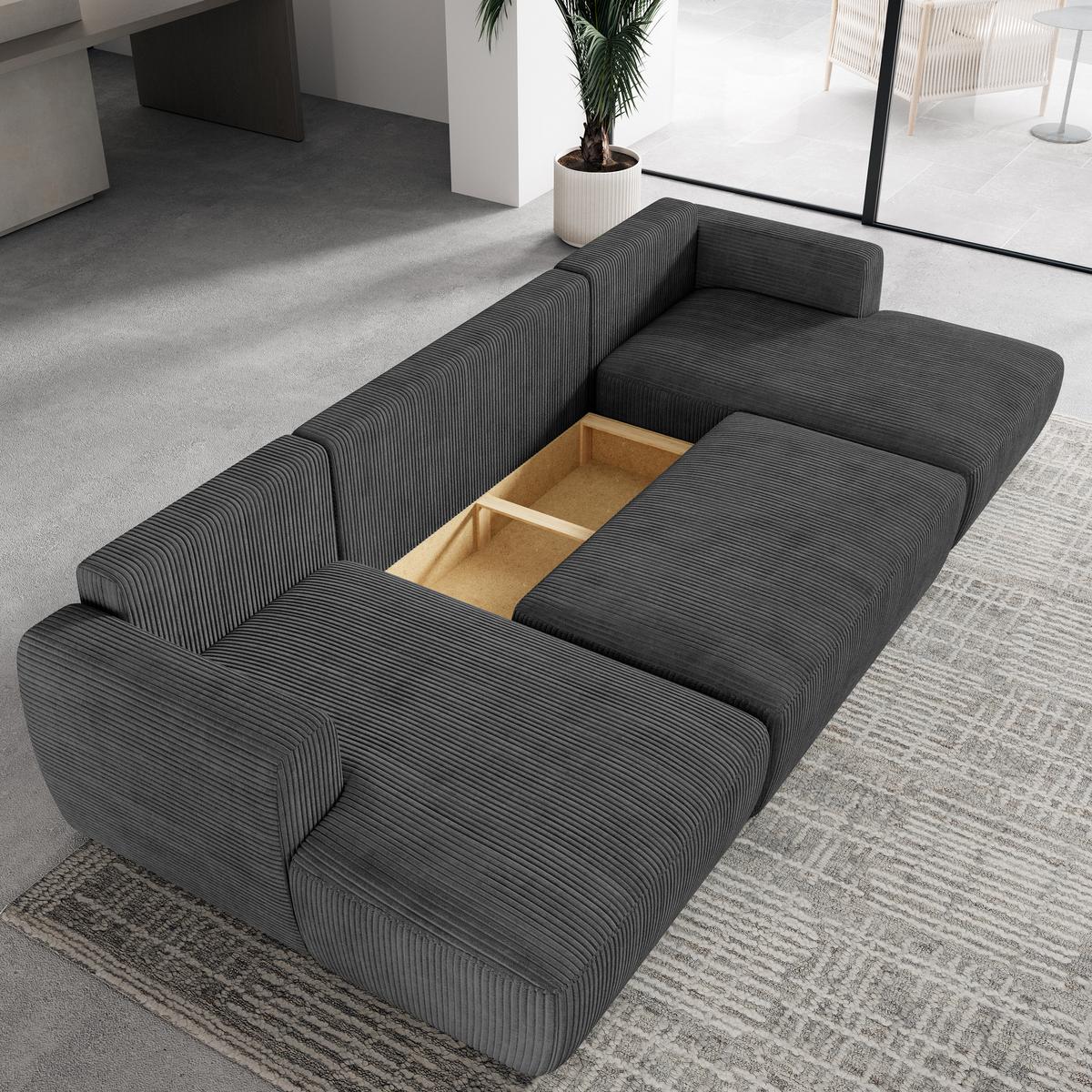 WOHNLANDSCHAFT SENTUM P Graphitfarben Kordstoff mit Schlaffunktion - Graphitfarben/Schwarz, Holz/Kunststoff (330/90/148cm) - MASSENO
