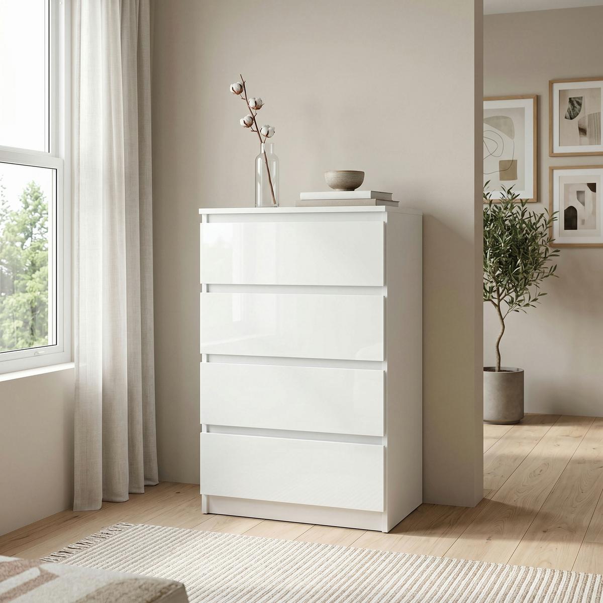 KOMMODE NUDO 70/102/39cm mit 4 Schubladen Türen Weiß - Weiß Hochglanz/Weiß, Holzwerkstoff (70/102/39cm) - MASSENO