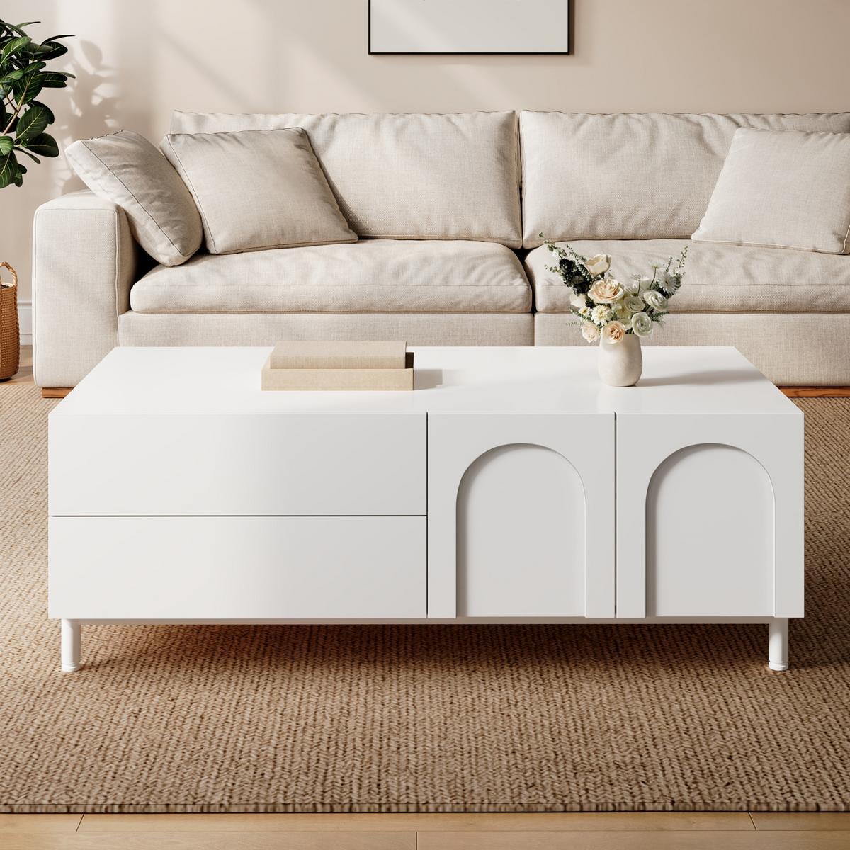 COUCHTISCH Weiß Rechteckig mit 2 Schubladen & Bogen-Türen - Weiß, Holzwerkstoff (50/100/39.5cm) - Urban Meuble