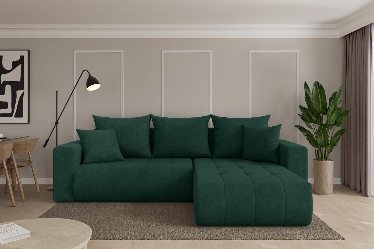 ECKSOFA mit Schlaffunktion Ottomane Rechts MILA-L 277x194x86 Grün Velours - Schwarz/Grün, Holzwerkstoff/Kunststoff (277/194cm) - ALTDECOR