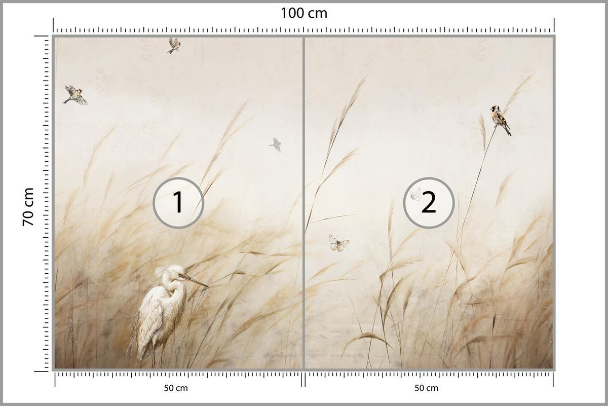 FOTOTAPETE für Schlafzimmer Vögel Storch Hohe Gräser Aquarell 100x70 - Beige/Gelb, Papier (100/70cm) - Muralo
