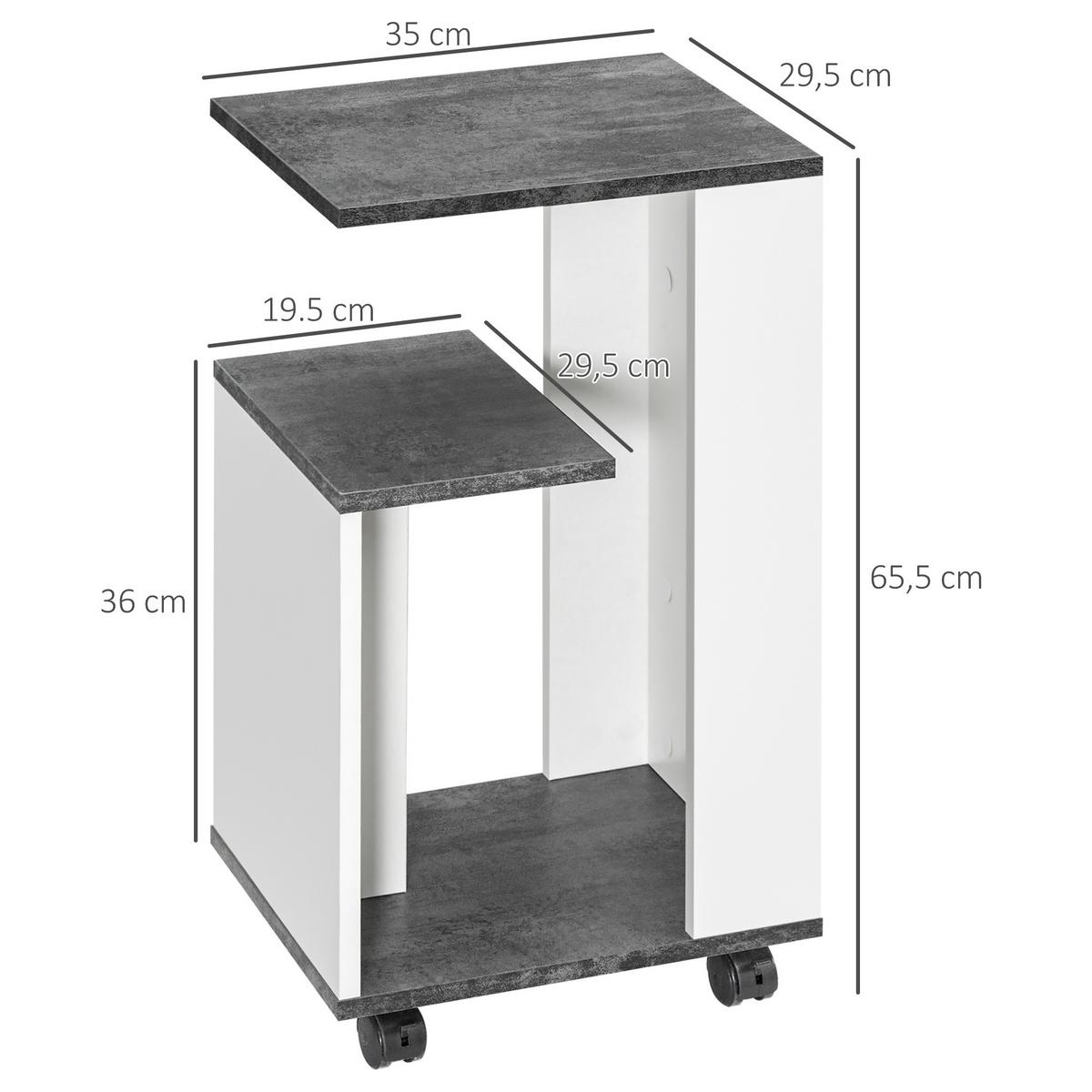 NACHTTISCH mit 360°-Rollen in modernem Design 3 Regale bis 10 kg Weiß - Weiß/Grau, Metall (29.5/65.5/35cm) - HOMCOM
