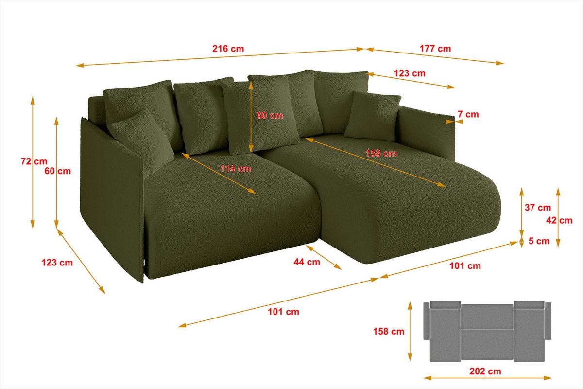 ECKSOFA Ottomane rechts ONESK-L 216x177x72 Grün Bouclé - Olivgrün/Grün, Holzwerkstoff/Kunststoff (177/216cm) - ALTDECOR