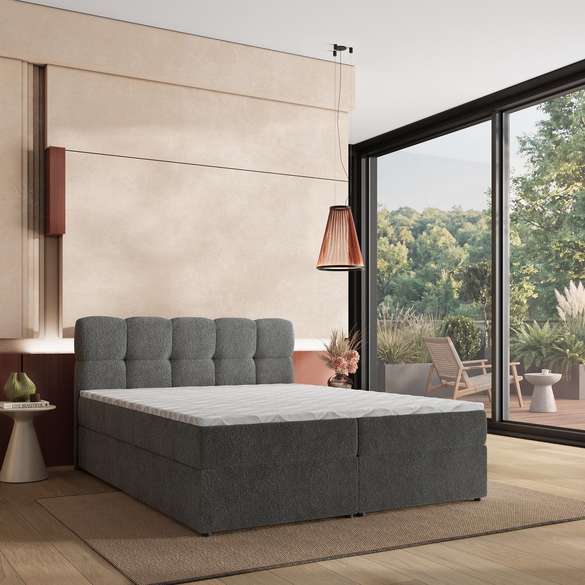 BOXBETT MERU 160x200 cm mit Matratze und Topper - Grau - Grau, Holz (160/200cm) - MASSENO