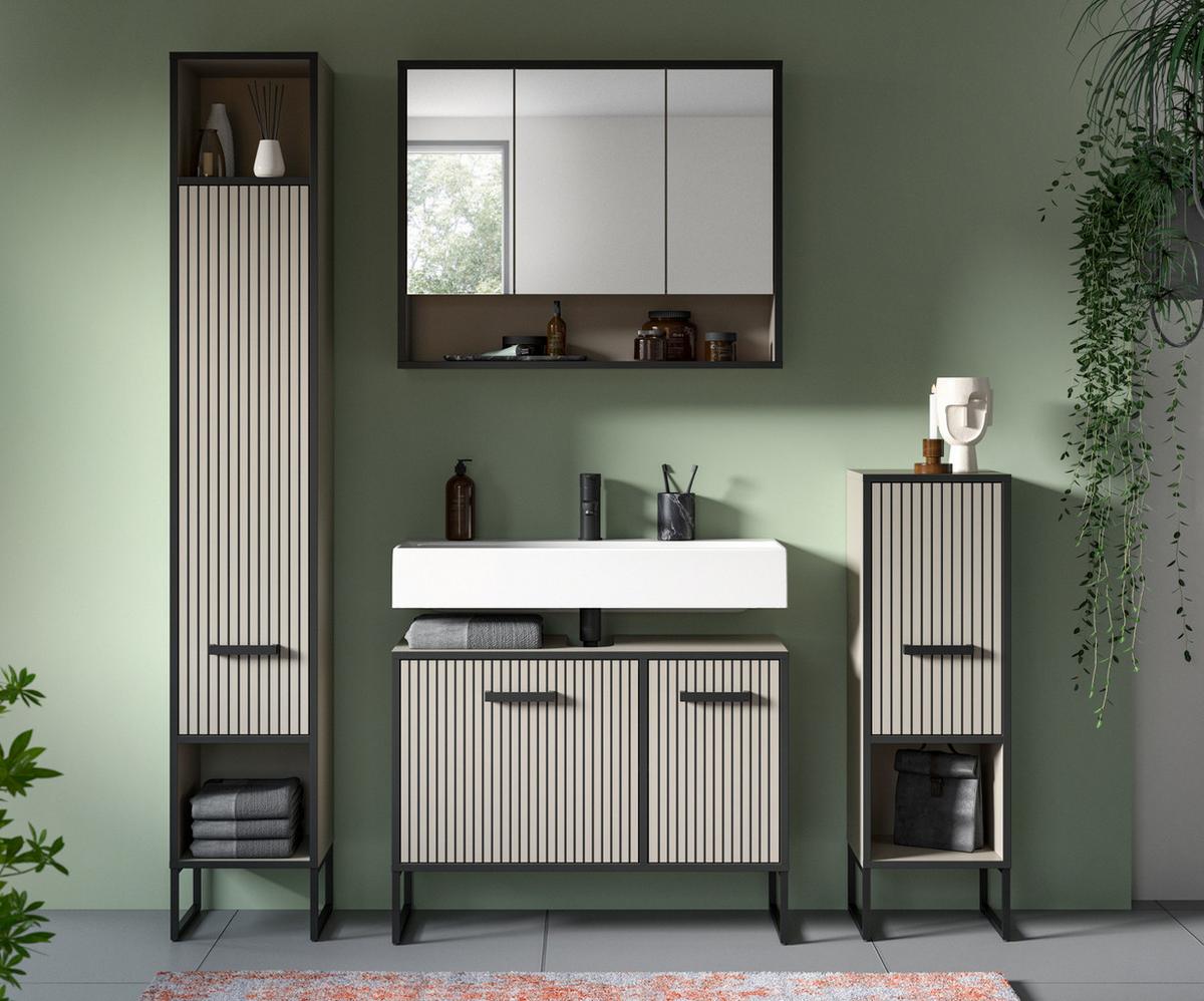 HOCHSCHRANK schwarz, sand 59 cm, Badschrank mit Soft-Close - Sandfarben/Schwarz, Holzwerkstoff/Metall (59/159/32cm) - Inn.Furn