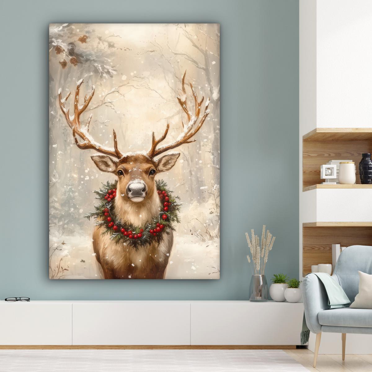 LEINWANDBILD Weihnachten - Rentier - Winter - Kranz Deko Groß 90x140 cm - Naturfarben, Textil (90/140cm) - MuchoWow