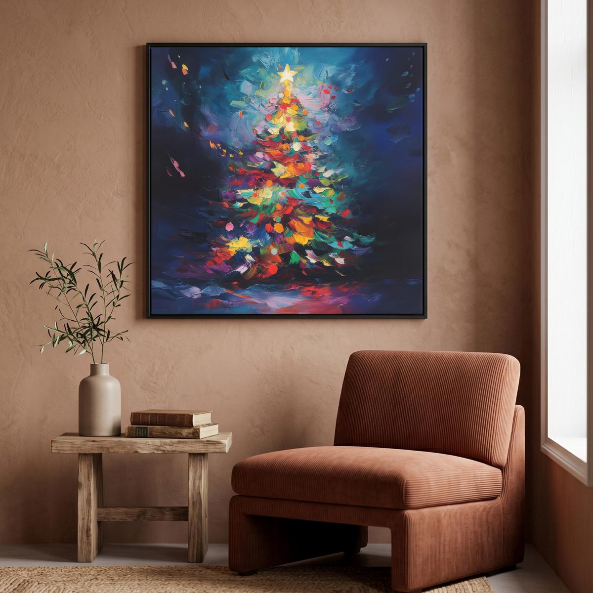 LEINWAND Bilder mit Rahmen - Weihnachtsbaum - Weihnachten - Abstrakt - Farbenfroh - 90x90 - Multicolor, Textil (90/90cm) - MuchoWow