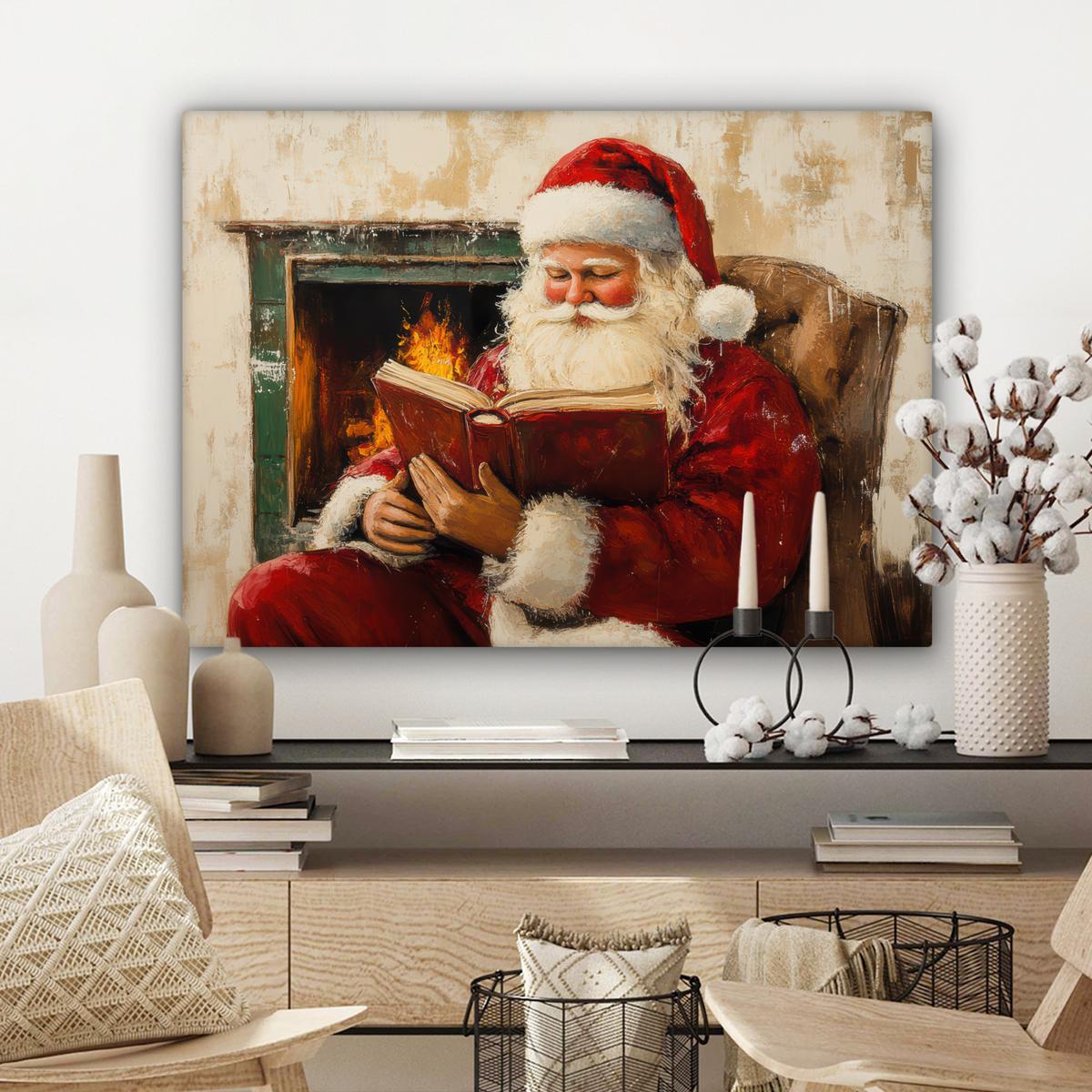 LEINWANDBILD Weihnachten - Weihnachtsmann - Winter - Open Fireside Wandbilder 80x60 cm - Dunkelrot, Textil (80/60cm) - MuchoWow