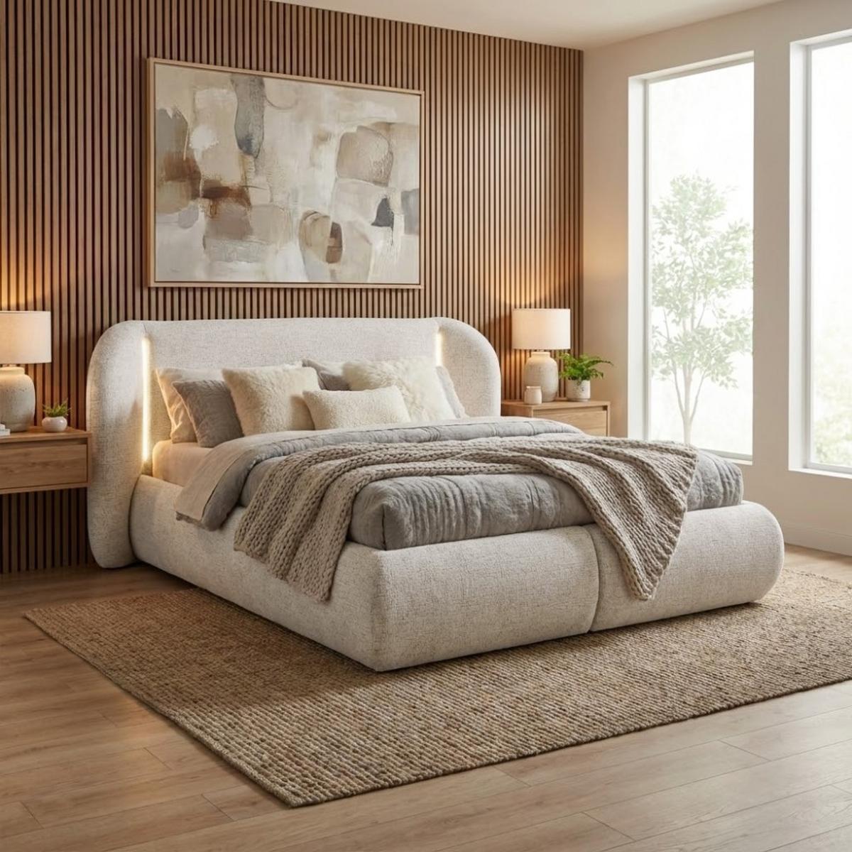 POLSTERBETT Corfu mit LED-Beleuchtung, mit Bettkasten, rundliche Formen, 140x200, Beige - Beige, Textil/Metall (140/200cm) - Beautysofa