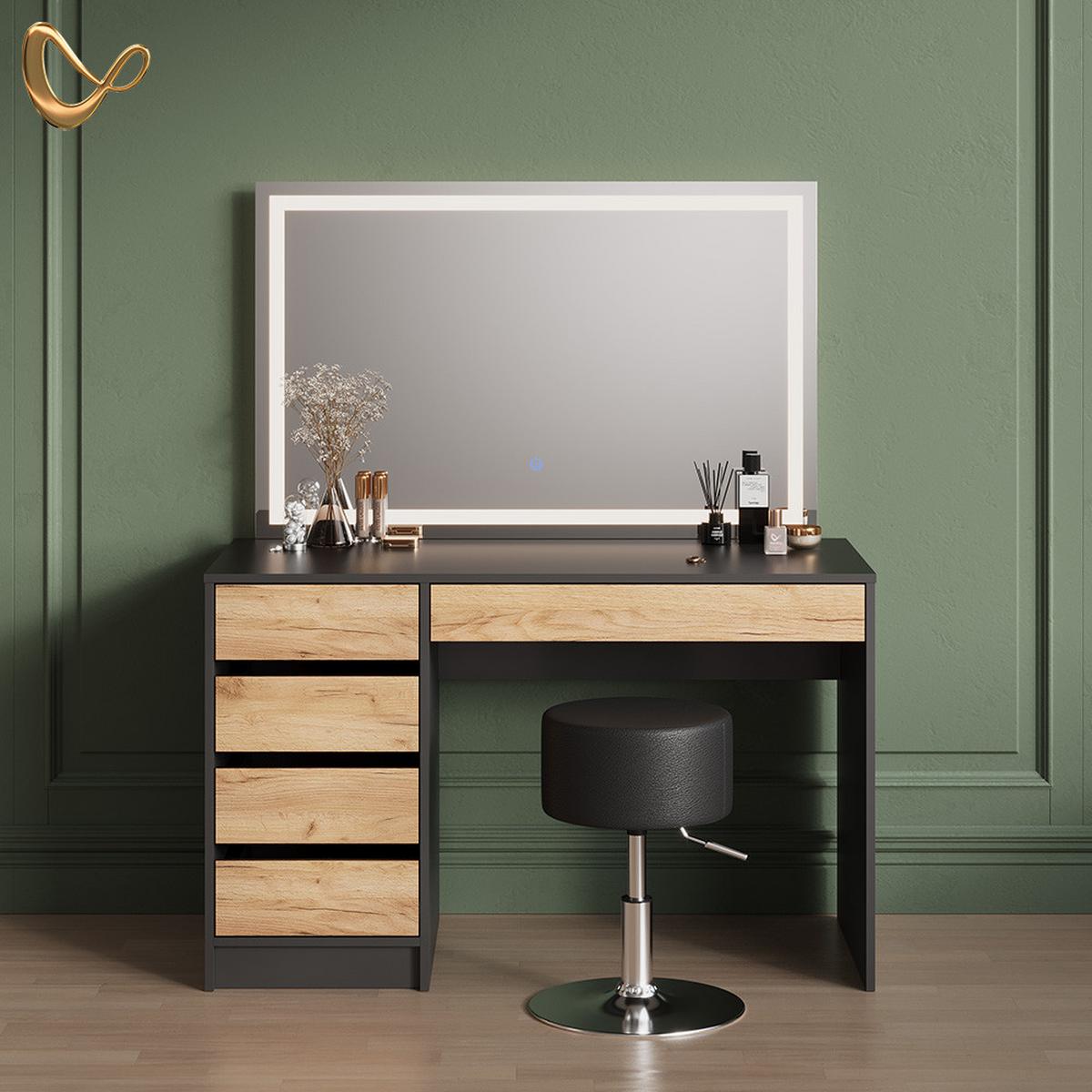 SCHMINKTISCH Imola Anthrazit/Goldkraft Eiche mit LED-Spiegel und Hocker - Honigeiche/Anthrazit, Holzwerkstoff (120/75/55cm) - Livinity®