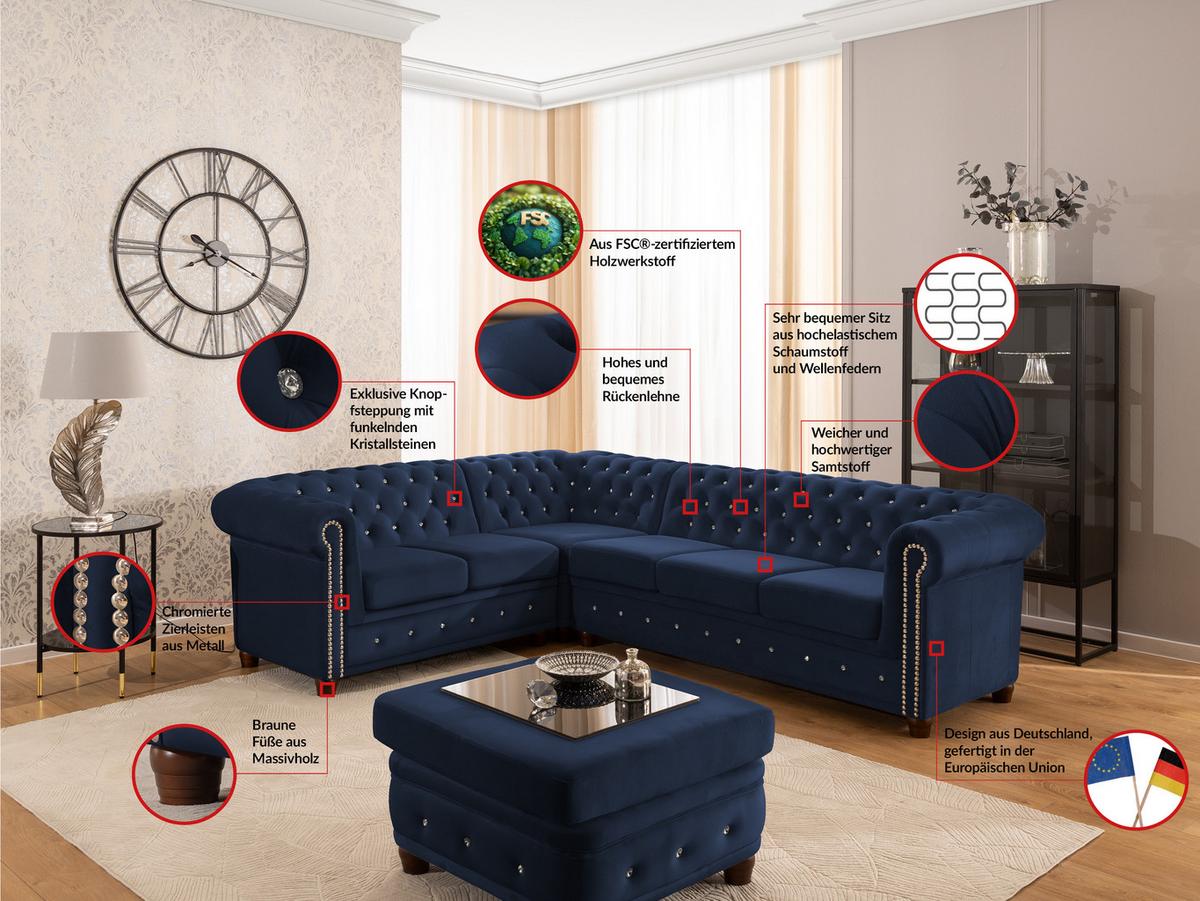 ECKSOFA Chesterfield Cleo Blink Marineblau Samt mit Kristallsteppung und braunen Massivholzfüßen - Ottomane Links - Blau/Braun, Holz/Textil (264/210cm) - S-Style