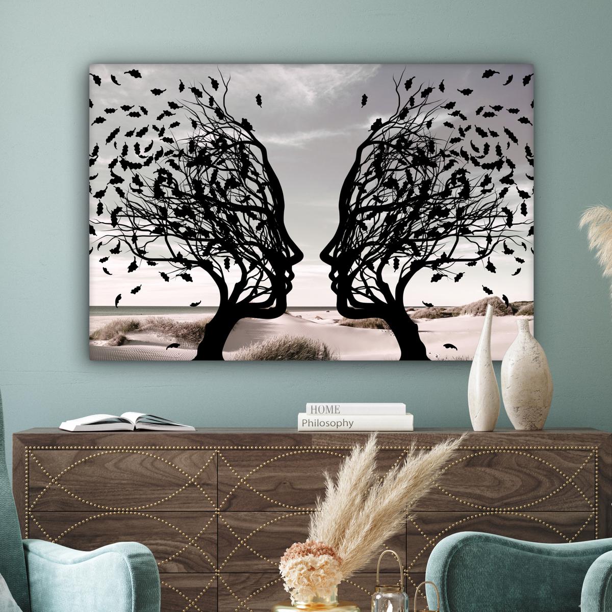 LEINWANDBILD Strand - Meer - Menschen - Baum - Moderne Kunst XXL 150x100 cm - Hellgrau, Textil (150/100cm) - MuchoWow