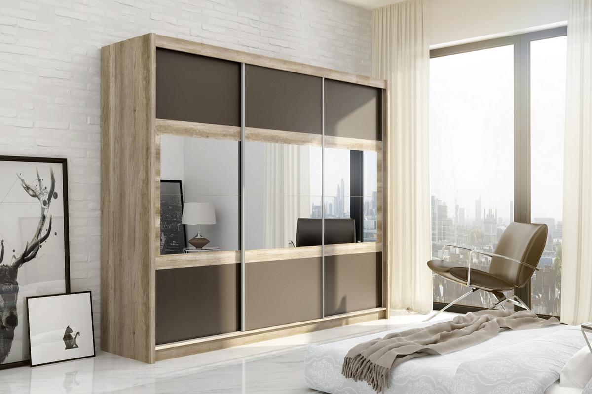SCHWEBETÜRENSCHRANK POPPY 250/215/61 cm 3-türig mit Spiegel Eichefarben - Eichefarben/Braun, Holzwerkstoff (250/215/61cm) - MASSENO