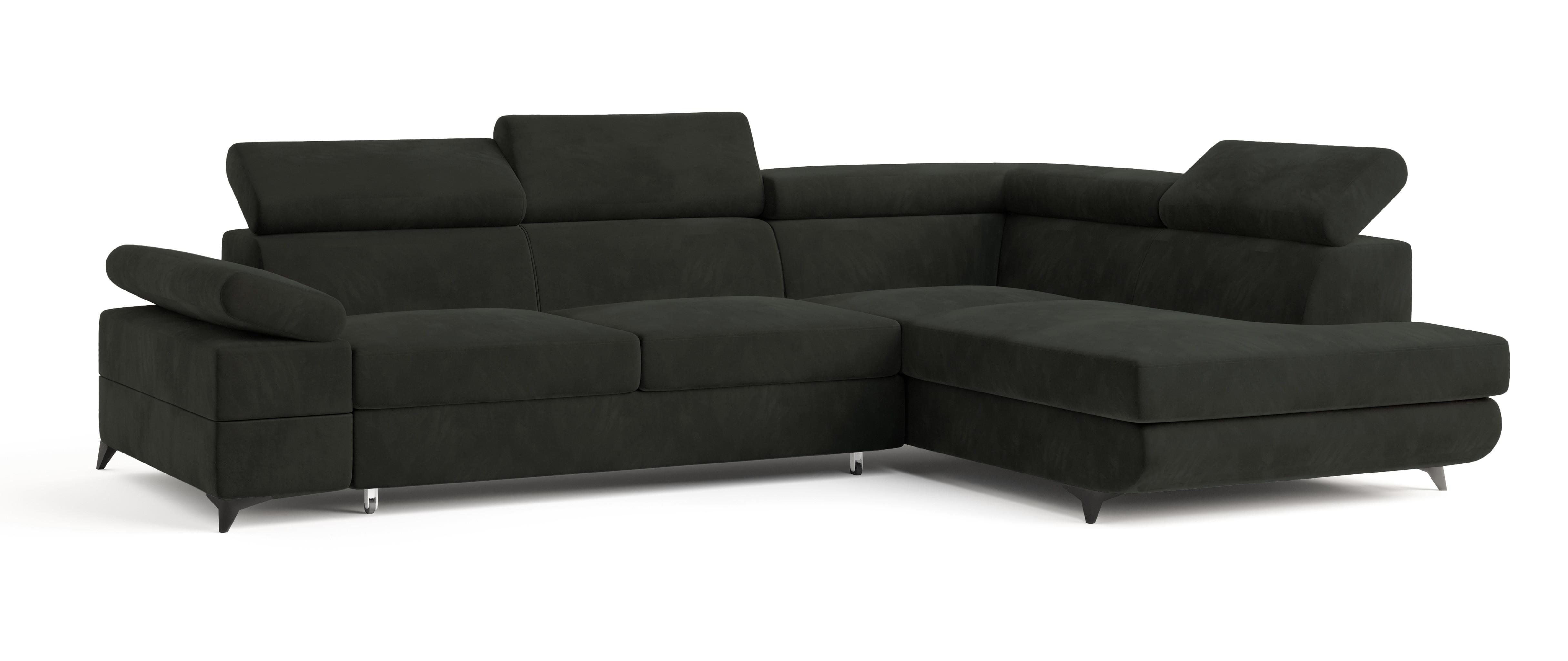 ECKSOFA FAVIEN R-S Schwarz Velours-Stoff mit Schlaffunktion - Schwarz, Holz (257/190cm) - MASSENO