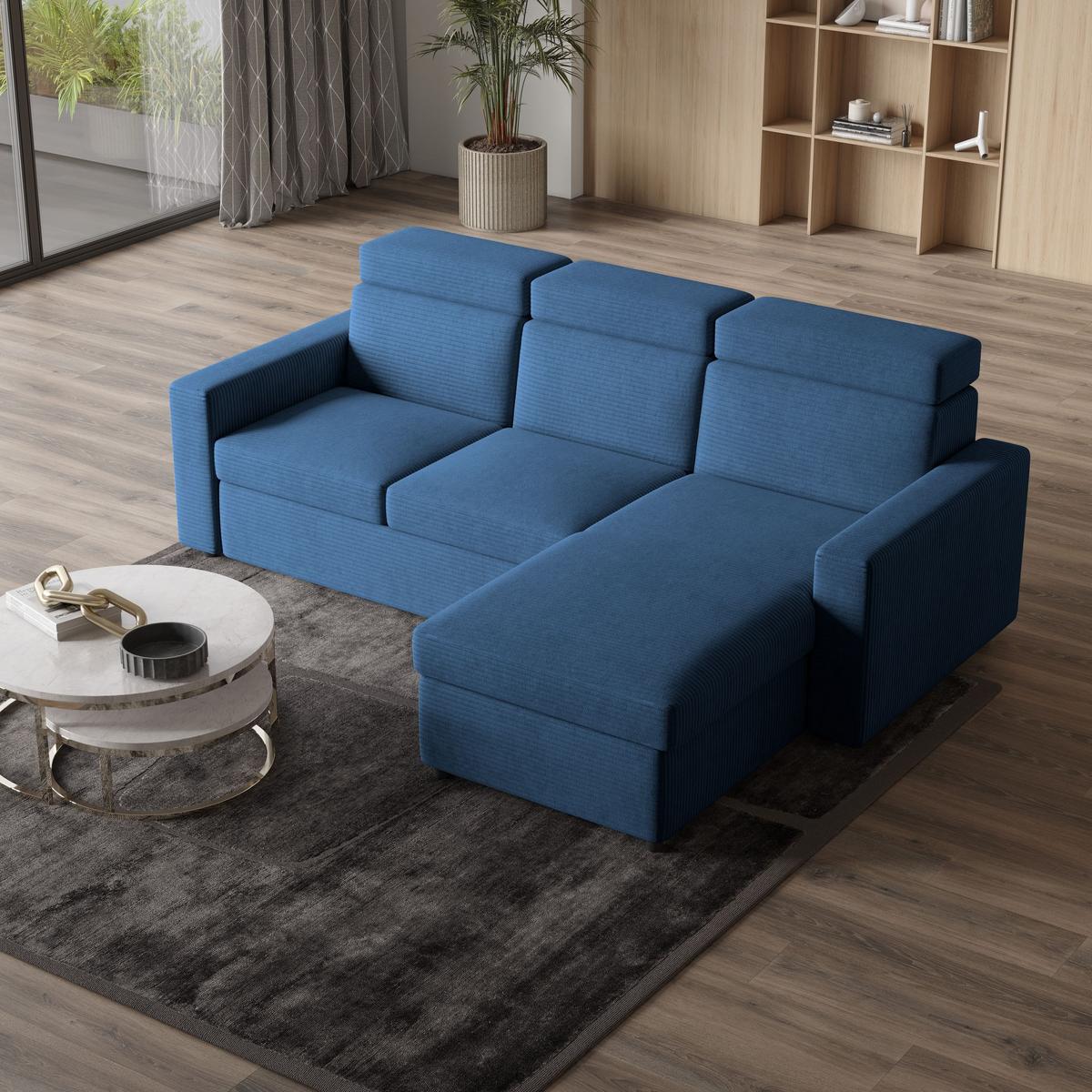 ECKSOFA PADWA Blau Kordstoff mit Schlaffunktion - Blau/Schwarz, Holz/Kunststoff (227/168cm) - MASSENO