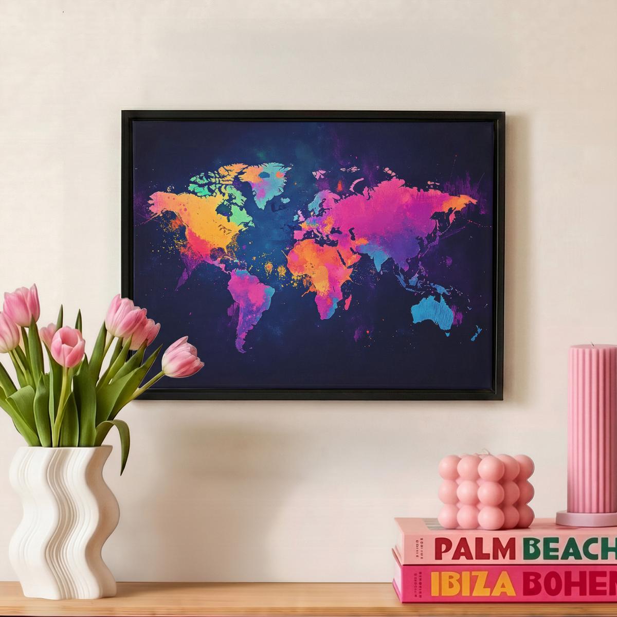 LEINWAND Bilder mit Rahmen - Weltkarte - Bunt - Graffiti - 40x30 - Multicolor, Textil (40/30cm) - MuchoWow
