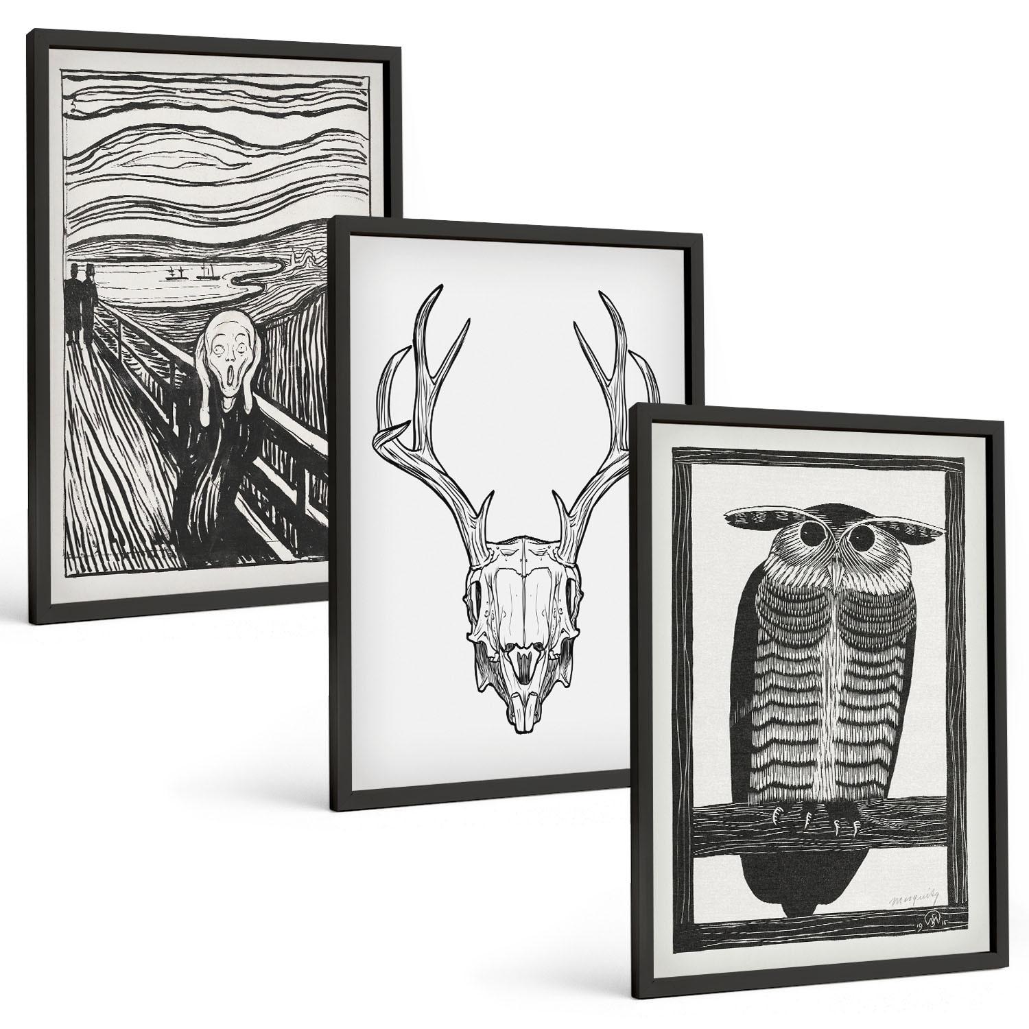 BILDER SET 3er Set - 40x60 cm Schwarzer Rahmen - Grafiken mit schreiendem Totenkopf-Eulen - Schwarz, Kunststoff (40/60cm) - TULUP